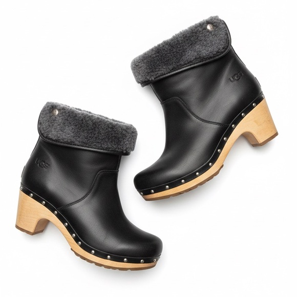 UGG Australia Lynnea Black Leather Shearling Clog Boots Studded Wood Size 7